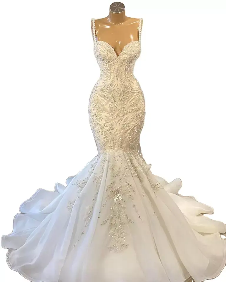 Luxury Mermaid African Modest Wedding Dresses 2022 Beaded Embroidery Sexy White Vintage Lace Organza Bridal Gown