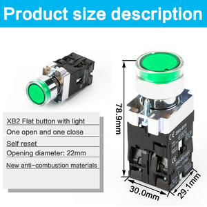 XB2 22mm anlık düğme anahtarı güç kaynağı ile LED ışık Start-Stop kendini sıfırlama yuvarlak düz kafa Symbal anahtarı - Product Image 3