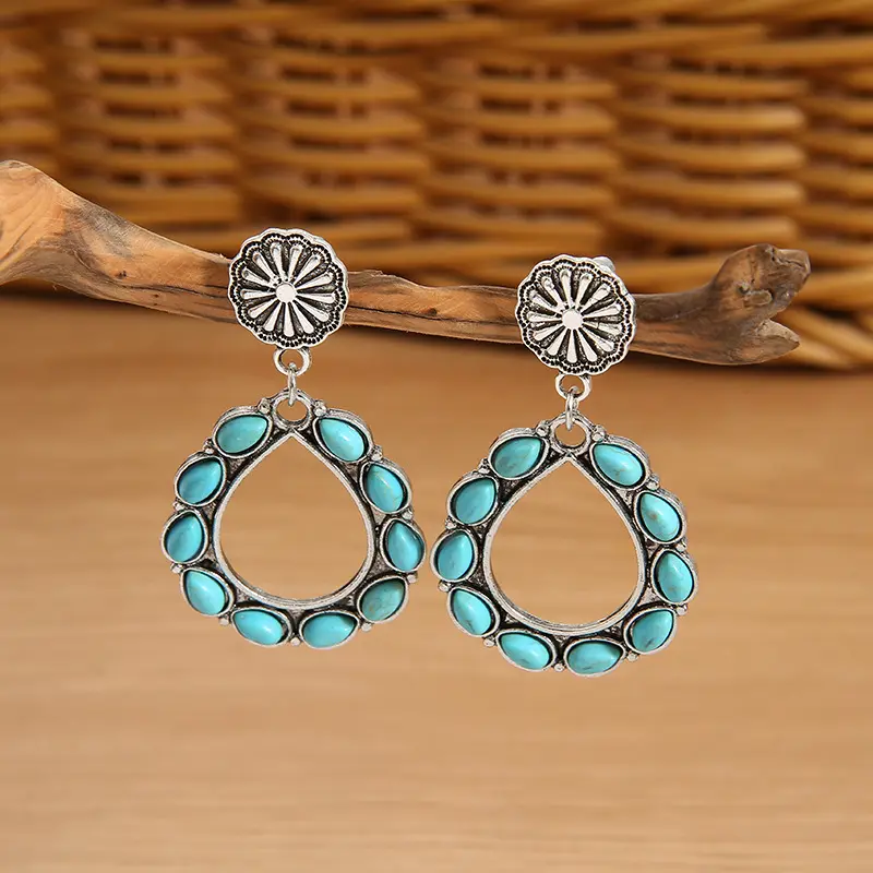 Boucles d'oreilles bohème du sud-ouest Navajo Turquoise occidentale Concho ajouré 2022