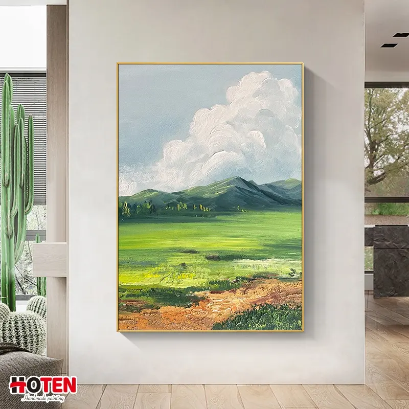 Pintura decorativa de paisaje de montaña y pastizal, pintura al óleo con textura personalizada pintada a mano