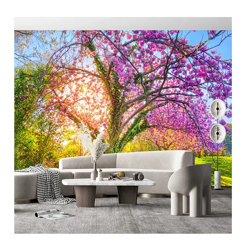 KOMNNI papier peint personnalisé rose cerisiers herbe verte jardin naturel paysage Mural salon chambre 3d Mural