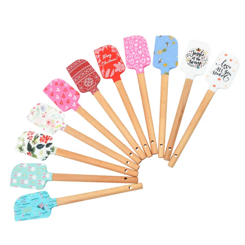 Stock Round Wooden Handle Kitchen Baking Scraper Cake Cream Mixing Tool Printed Christmas Silicone Printing Spatulas baking Tool