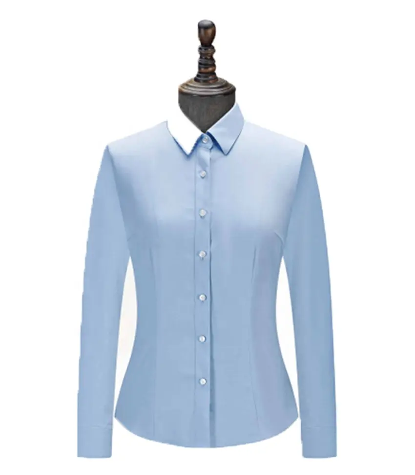 Camisa feminina de algodão azul com duas fios, solução antibacteriana, gola regular, uniforme de escritório, aquecimento formal com amônia