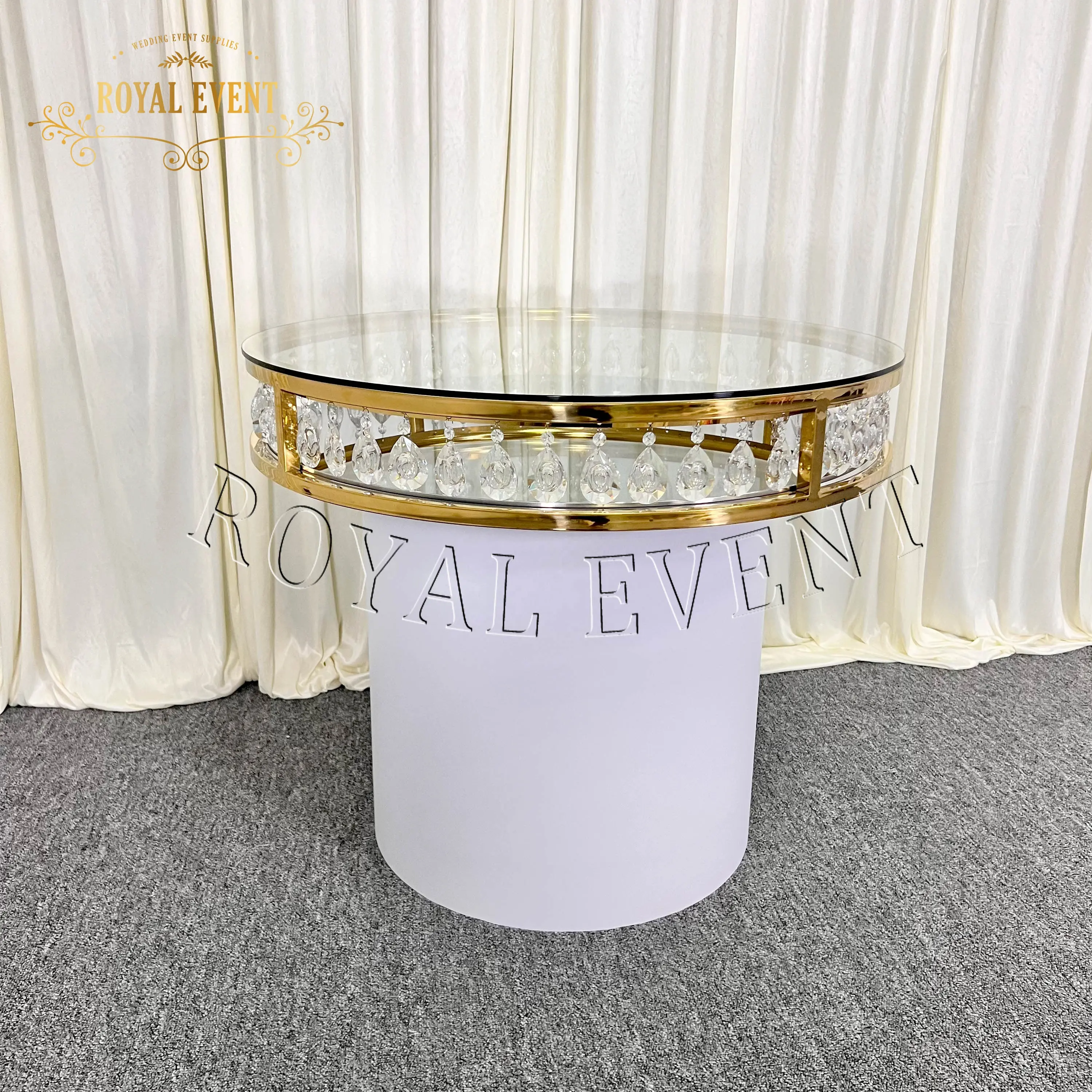 Mesa de Metal con colgante de cristal dorado brillante para pastel, mesa redonda de acero inoxidable para pastel de boda para fiesta