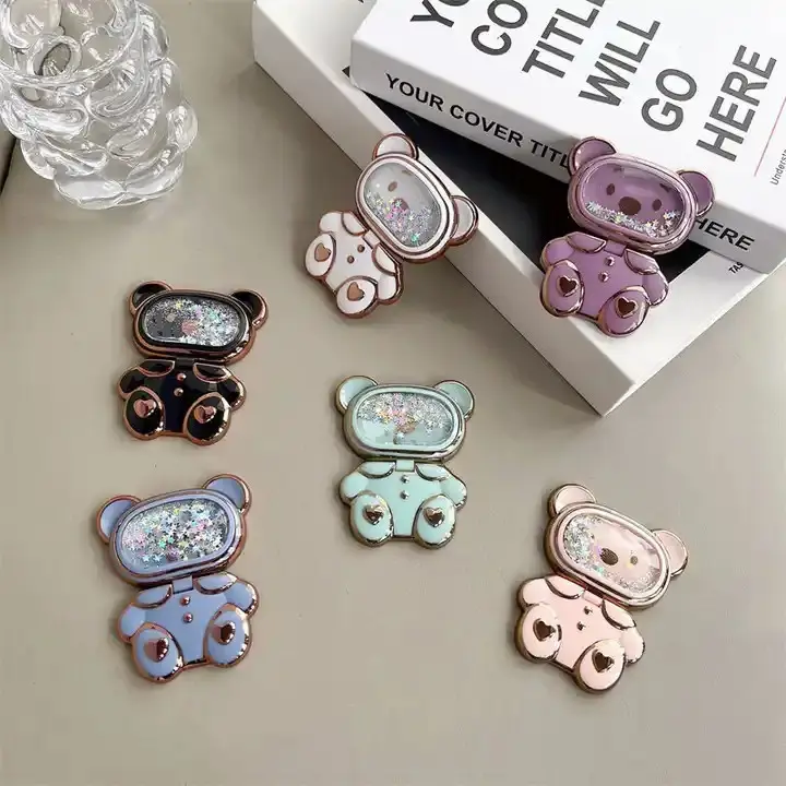 2023 New Design Fashion Cartoon Stand Phone Case makeup Mirror Holder Acrylic Quicksand Bear Folding Bracket Accessories