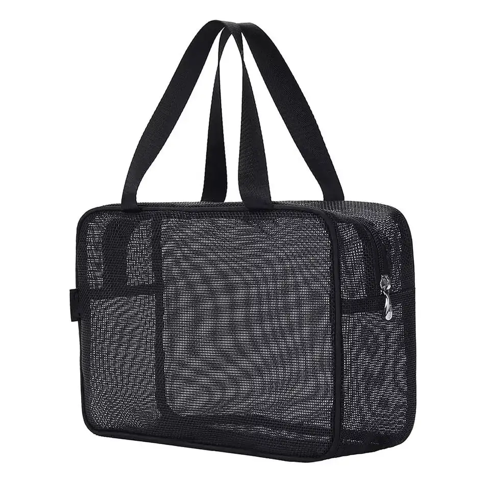 Bolsa de almacenamiento para artículos de aseo personal, bolso de malla portátil personalizado, duradero, negro, PVC, nailon, para ducha y maquillaje, de primera calidad, Unisex