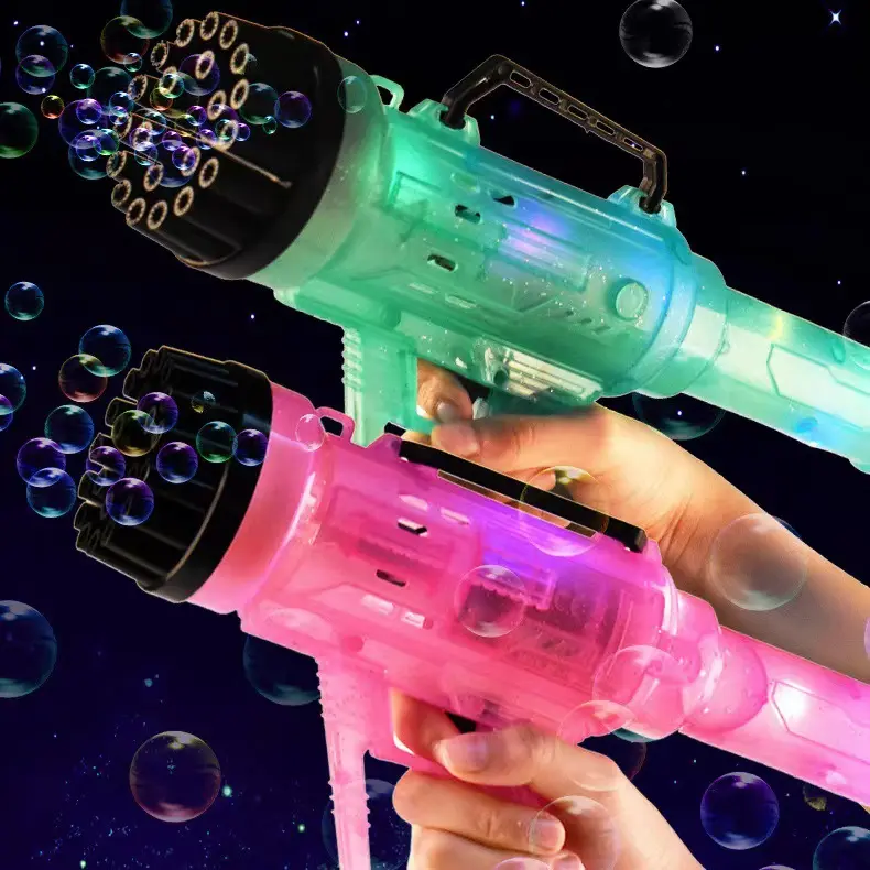 Pistola de juguete con agujeros para exteriores, pistola de burbujas de plástico, máquina de luces de juguete, juego de soplado de burbujas para niños, pistola de burbujas Gatling