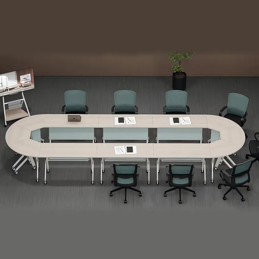 Mesas plegadas con forma de abanico para entrenamiento de reuniones, precio de escritorios plegables para muebles de oficina centrales con tapa abatible