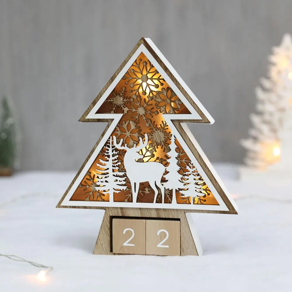 De Navidad de madera Calendario de Navidad iluminado árbol Decoración de mesa con renos requiere baterías 2xAAA