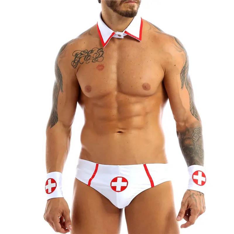 Sexy traje de Navidad hombre médico enfermera juego erótico uniforme traje blanco escritos con Collar y Cruz Roja brazalete