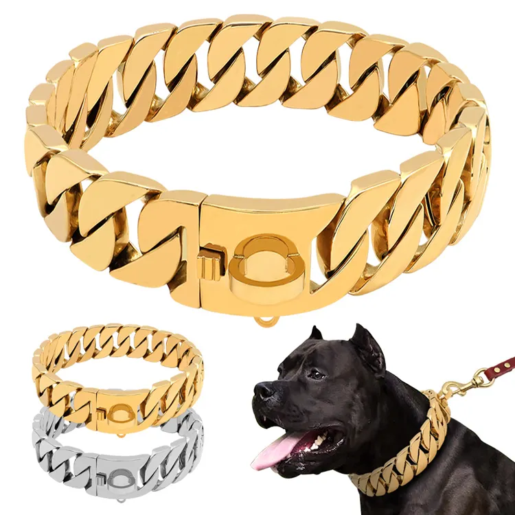 Collar de cadena para mascotas, correa de 17mm, Collar dorado de acero inoxidable para Bulldog francés Pitbull, suministros para mascotas