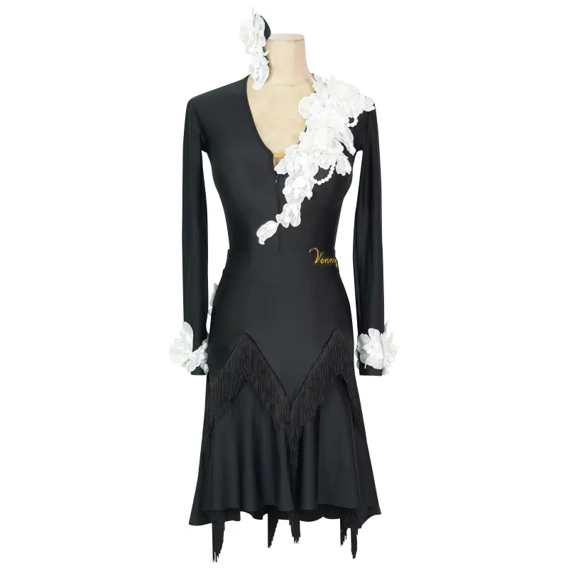 1L-17217 vestidos de baile latino negros de alta calidad competición mujeres flecos estándar nacional borlas vestido Latino para la venta