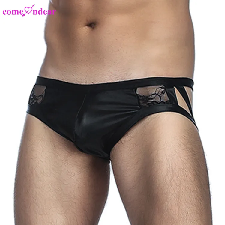 Ropa interior de poliéster para hombre, calzoncillos suaves con encaje calado, transparente, Gay