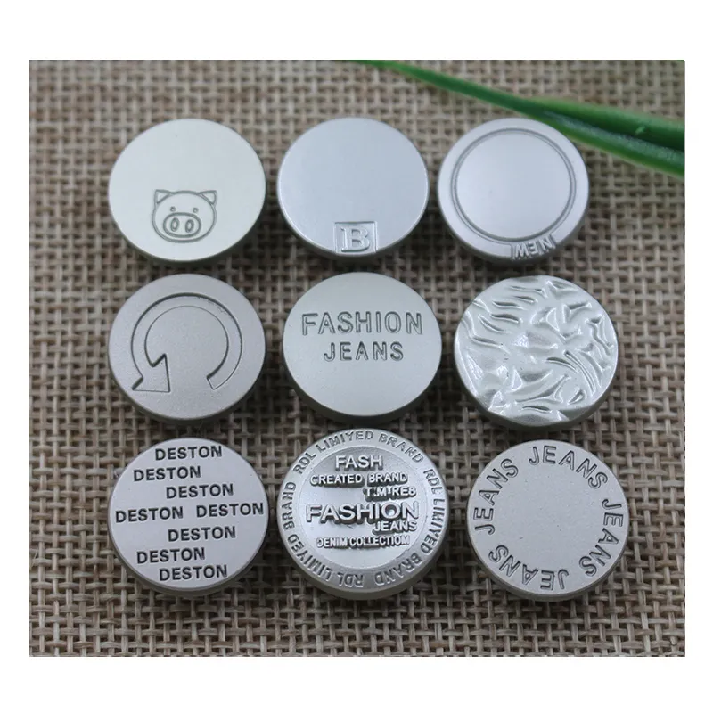 Fabricante de botones de metal personalizados, nuevo diseño, botones de tela vaquera personalizados, botón de tela vaquera