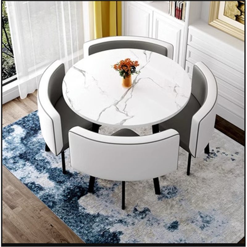 Tavolo rotondo decorato + pelle grigio scuro e bianca