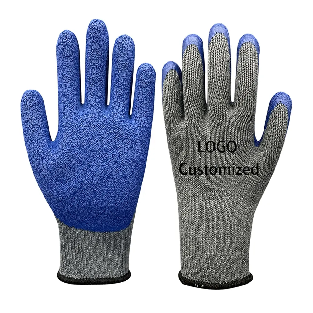 Gants de travail antidérapants en tricot de coton enduit de latex personnalisés en gros pour la protection des mains dans la construction
