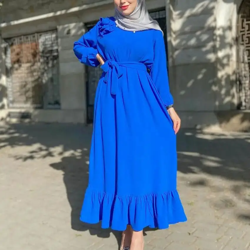 Nuevo modelo de tela elegante mujer turca vestidos musulmanes ropa islámica túnica azul Ropa Étnica vestido