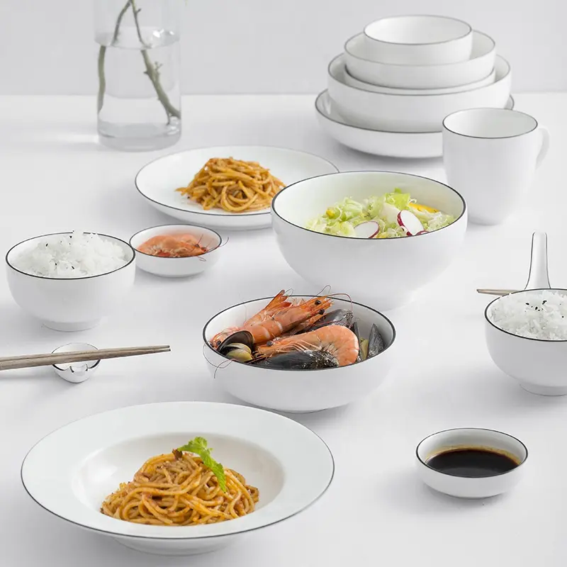 Высококачественные товары, однотонная белая посуда, столовые сервизы, фарфор с черным ободом, роскошный обеденный набор