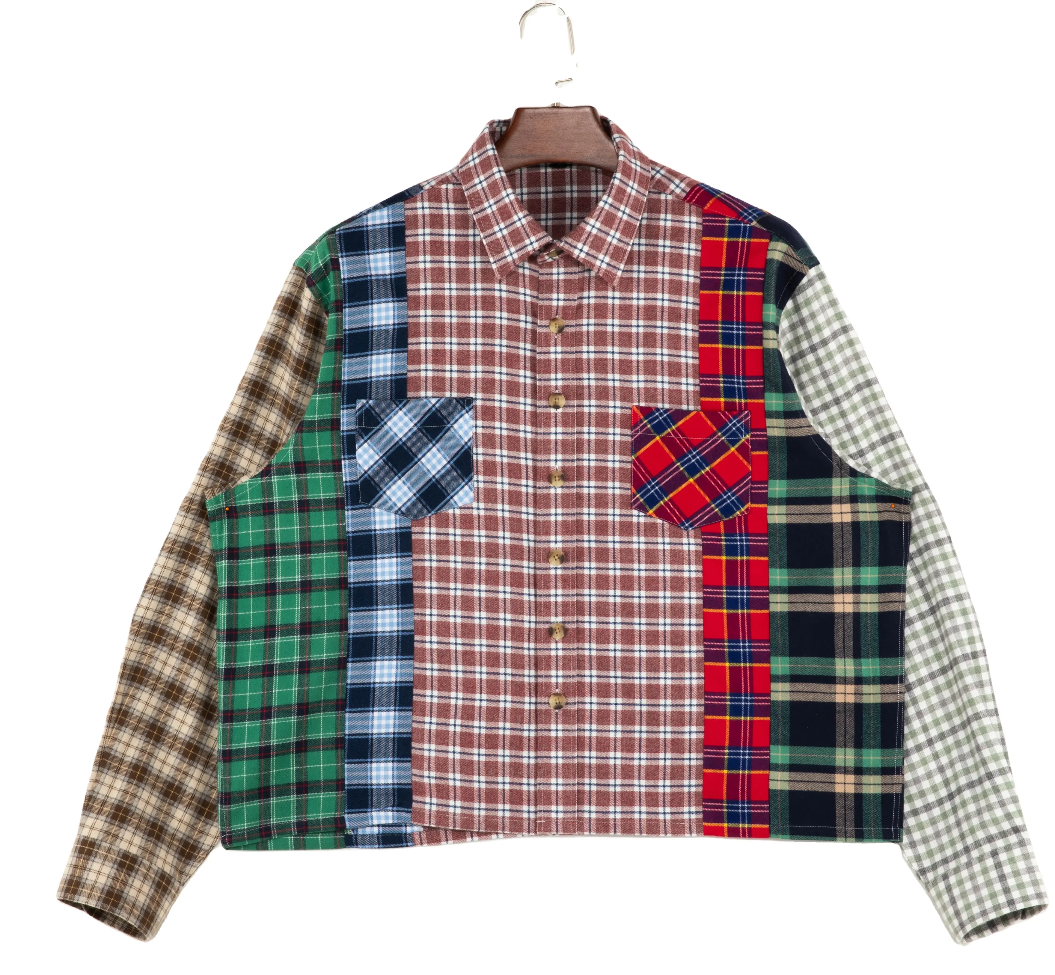 Directo de fábrica personalizado OEM Streetwear multicolor Patchwork cadena bordado algodón Franela manga larga diseño camisas para hombres