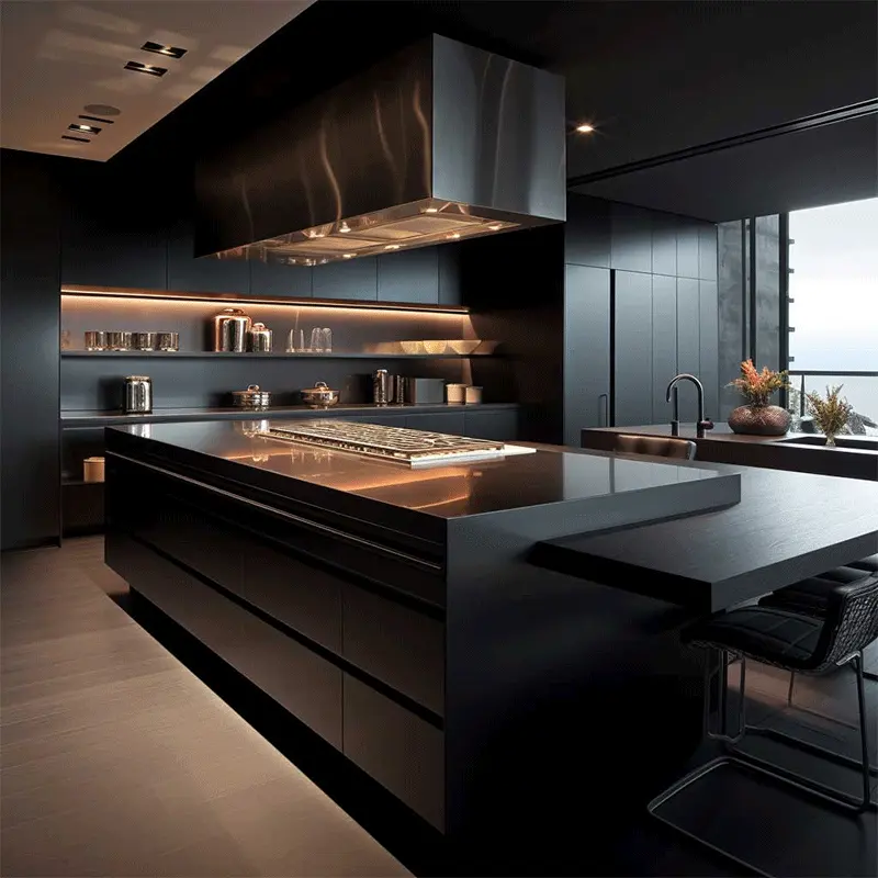 NICOCABINET personnalisé qualité noir plat mélamine chêne peinture placage sans poignée moderne armoire de cuisine Carrara cascade comptoir