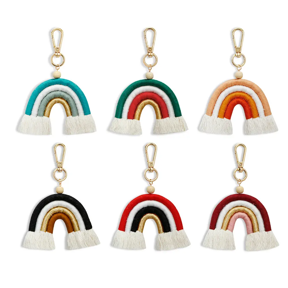 wholesale handmade boho tassel beads keychain colorful braided rope macrame rainbow keychain