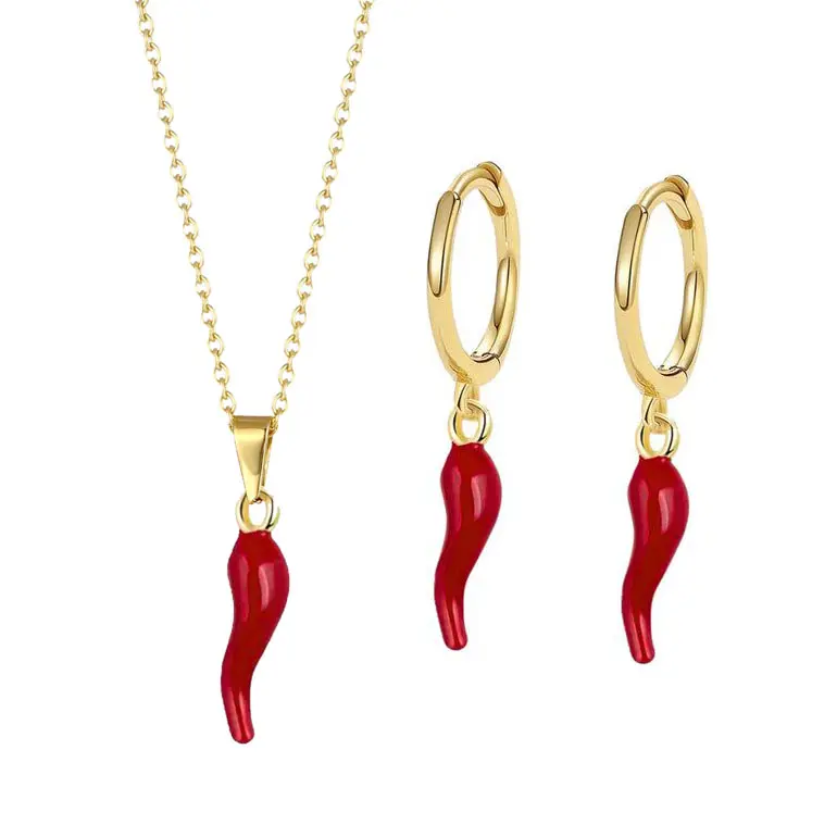 Boucles d'oreilles en corne italienne porte-bonheur or émail rouge piment collier bijoux de mode collier et boucles d'oreilles ensemble de bijoux pour femmes