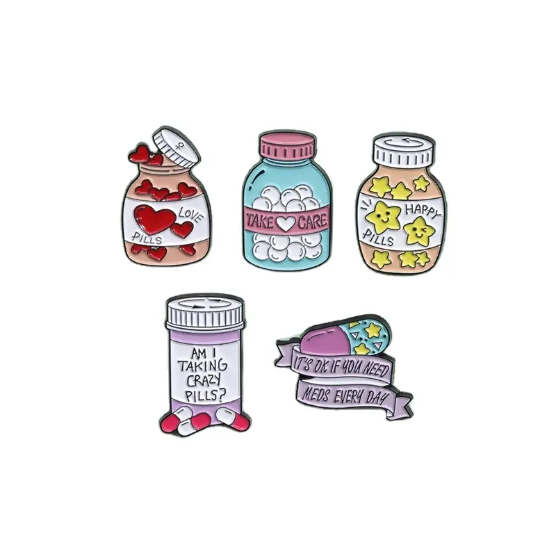 Großhandel Hochwertige Kreative Süße Cartoon Pille Flasche Metall Weiche Emaille Anstecknadeln Für Geschenk