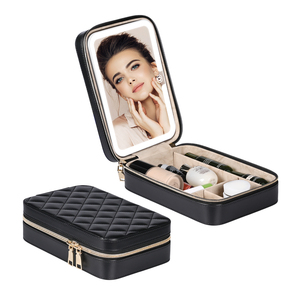 Porta pennelli per il trucco nero portatile borsa per il trucco da viaggio con custodia cosmetica a specchio a Led - Product Image 1
