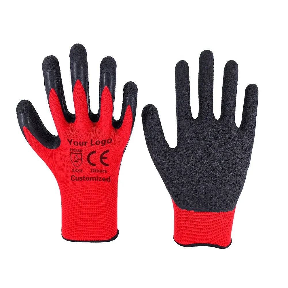 Usine en gros 13G polyester rouge finition Latex noir gants de Construction sécurité industrielle gants de travail enduits de Latex pour le travail