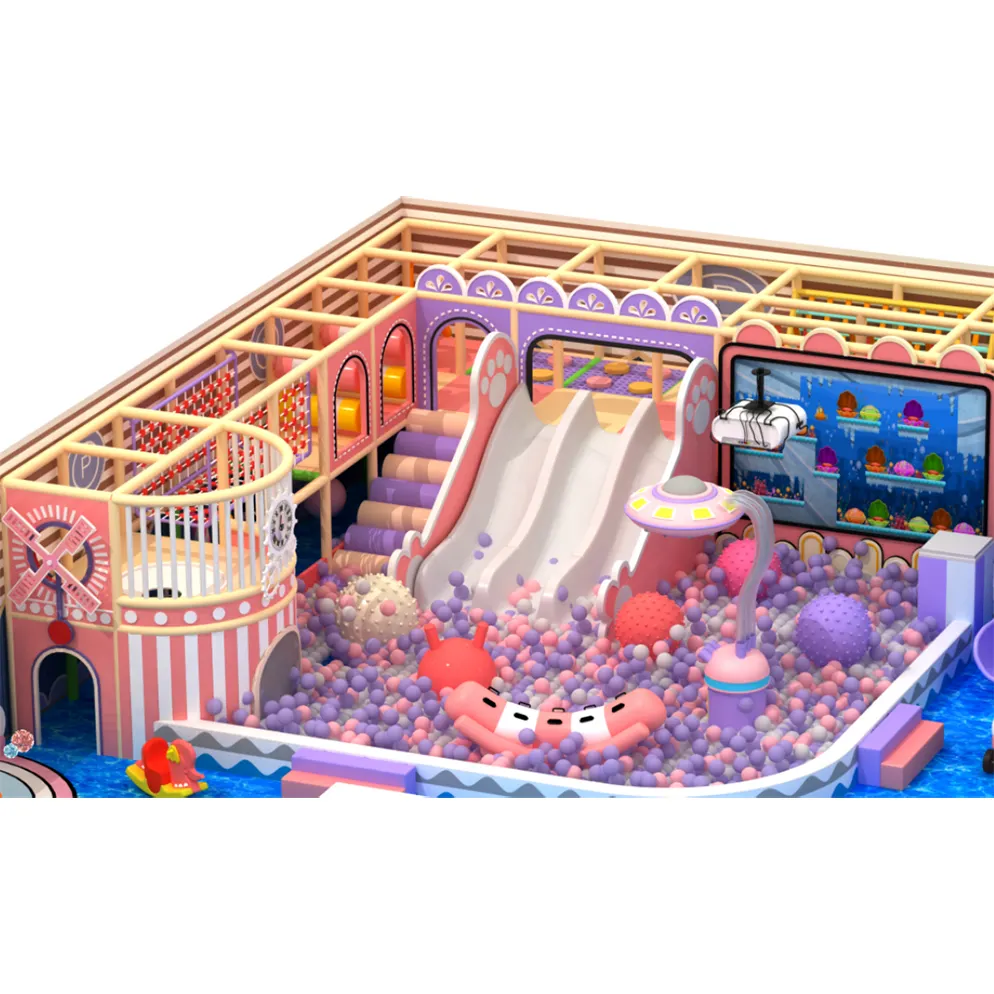 สนามเด็กเล่นไฟฟ้าของเล่นเกมกระโดดเสื่อในร่ม Softplay อุปกรณ์ลูกหลุมซนปราสาทที่มีทรายสระว่ายน้ำ