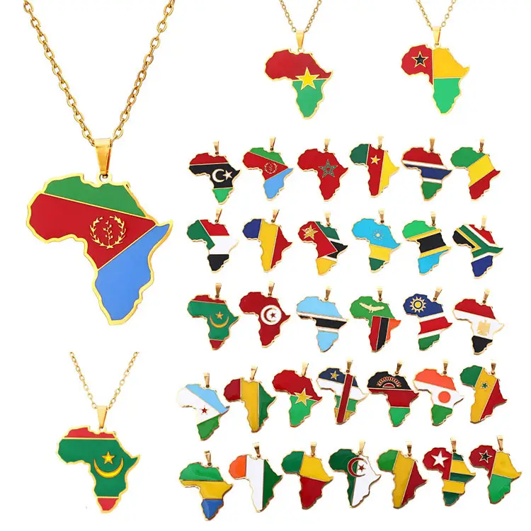 بيع بالجملة جميع البلدان الأفريقية خريطة قلادة الموضة الملونة زيت بالتنقيط الفولاذ المقاوم للصدأ أفريقيا للنساء الرجال