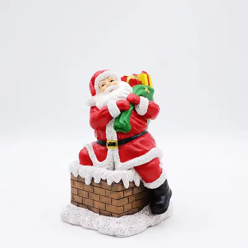 Nuova decorazione natalizia personalizzata in resina di Babbo Natale in miniatura che scende camino statuetta ornamenti da tavolo scultura