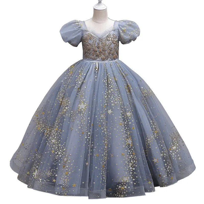 Baby Fancy Girls Dresses 2-12 Children Clothing Cute Flower Sequin Stars Puff Sleeves Lace Latest Frock Designs for Teenage Girl
