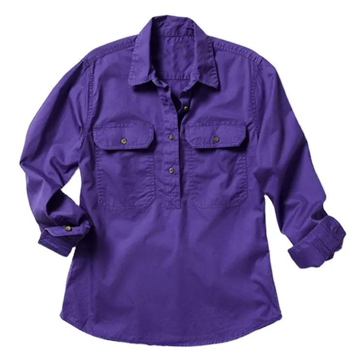 Camisas de algodón de alta calidad para mujer, camisas de trabajo de campo con logo personalizado colorido, bolsillos extra grandes