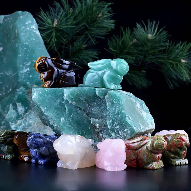 Natural Aventurine Jade Stone Craved Rabbit Statue Mini Crystal Bunny Figurine Good Luck Healing Crystal Stone