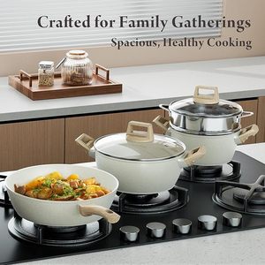 Geling nhà máy Trung Quốc không dính cảm ứng nhà bếp Frying Pan sets bán buôn công suất lớn kem trắng gốm <span class=keywords><strong>Cookware</strong></span> sets - Product Image 4
