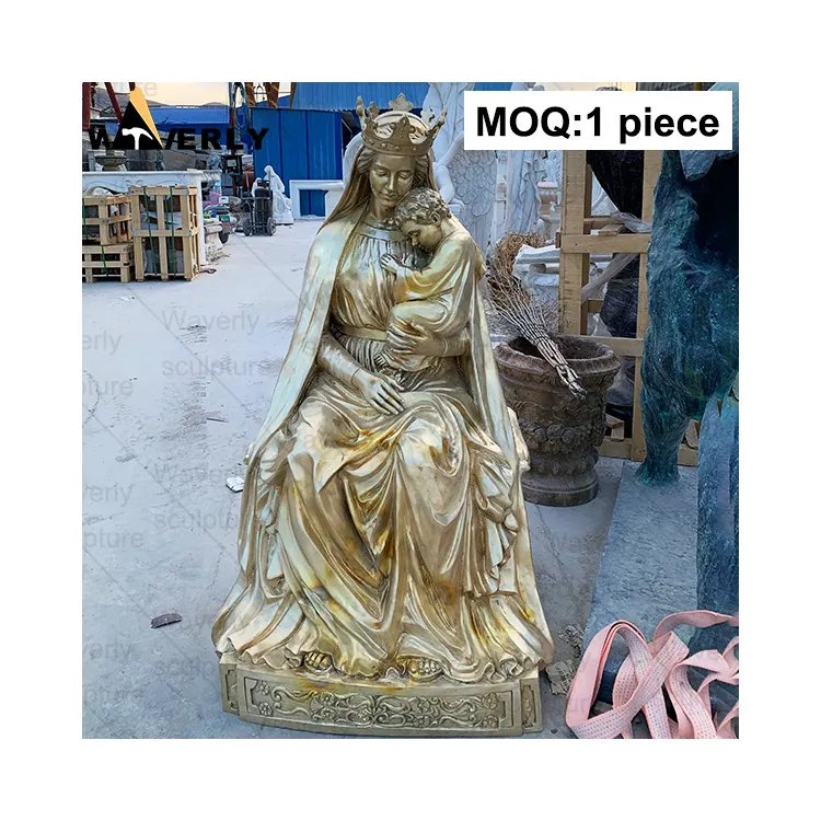 Ingrosso grande statua religiosa cattolica all'aperto decorazione da giardino ottone statua in bronzo della madre maria e del bambino gesù scultura