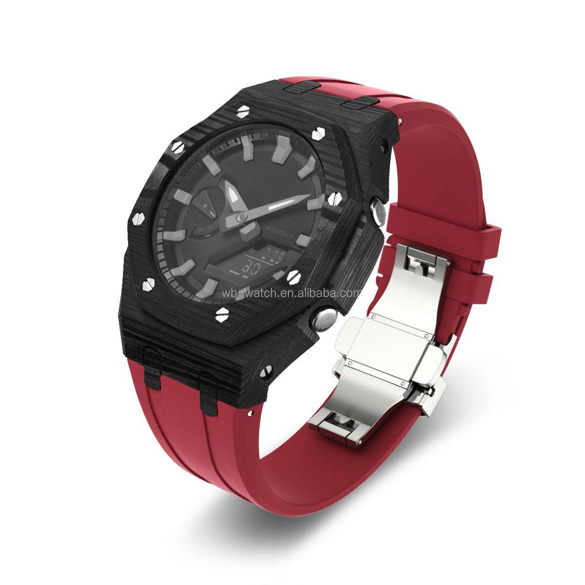 Boîtier de montre en fibre de carbone noir + ruban rouge