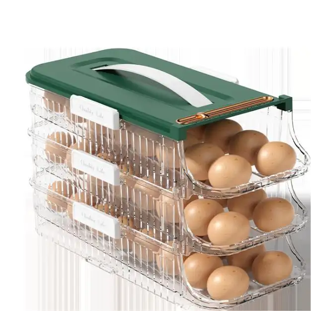 Nueva caja de almacenamiento de dispensador de huevos temporizado portátil con contenedor de huevos deslizante de gran capacidad contenedor de alimentos plástico PET multifunción