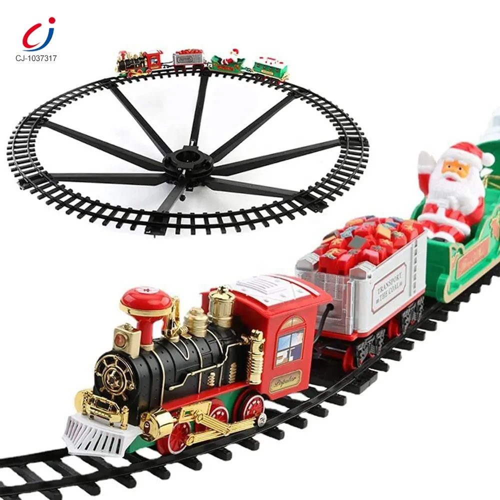 Chengji hediyeler süslemeleri yuvası oyuncaklar ağacın etrafında demiryolu rayı elektrikli müzikal yılbaşı tren seti ışık