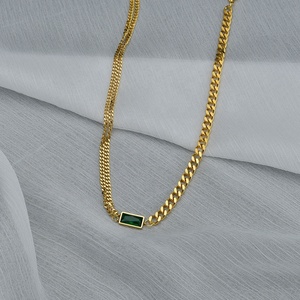 Avrupa ve amerikan kolye kare yeşil zirkon dikiş çift katmanlı kolye Net kırmızı kişilik basit klavikula zinciri - Product Image 1