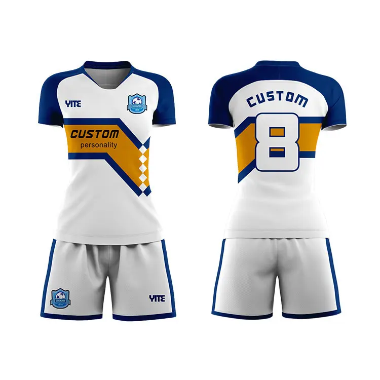 Camisa de futebol personalizada, traje azul e branco, roupa de futebol respirável