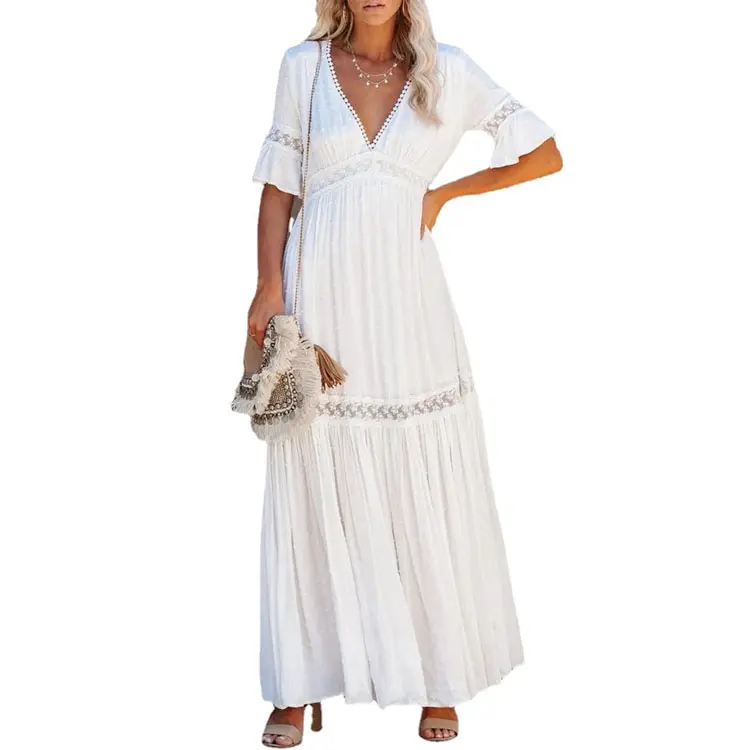 Qushine Mais Recente Projeto Verão Moda Manga Curta Branco V Neck Lace Maxi Vestidos de Noite da Festa de Casamento Mulheres