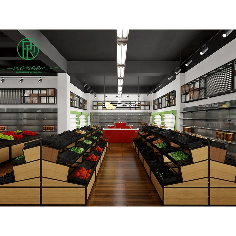 Pioneer Modern Factory Price Wooden Supermarket Vegetable and Fruit Display Shelf