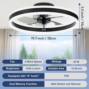 OEM 20 Inch 50cm Dimmable <strong>Low</strong> Profile LED Flush Mount <strong>Ceiling</strong> <strong>Fan</strong> with Light &amp; Remote Control for Bedroom Living Room - Product Image 3