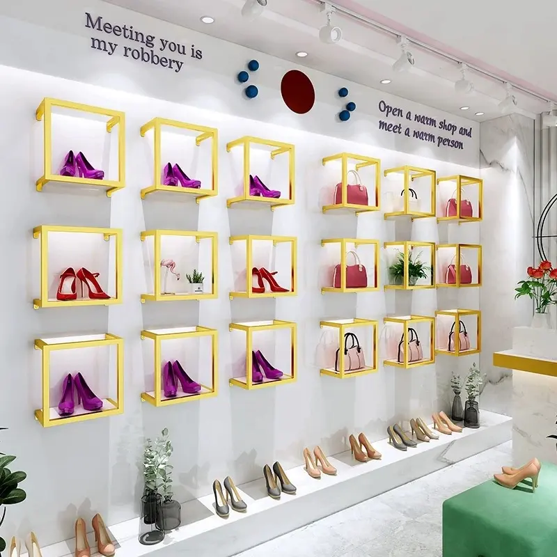 Guangzhou mode chaussure sac à main boutique Fit Out Design étagère à chaussures sac à main boutique raccords affichage mural chaussures support