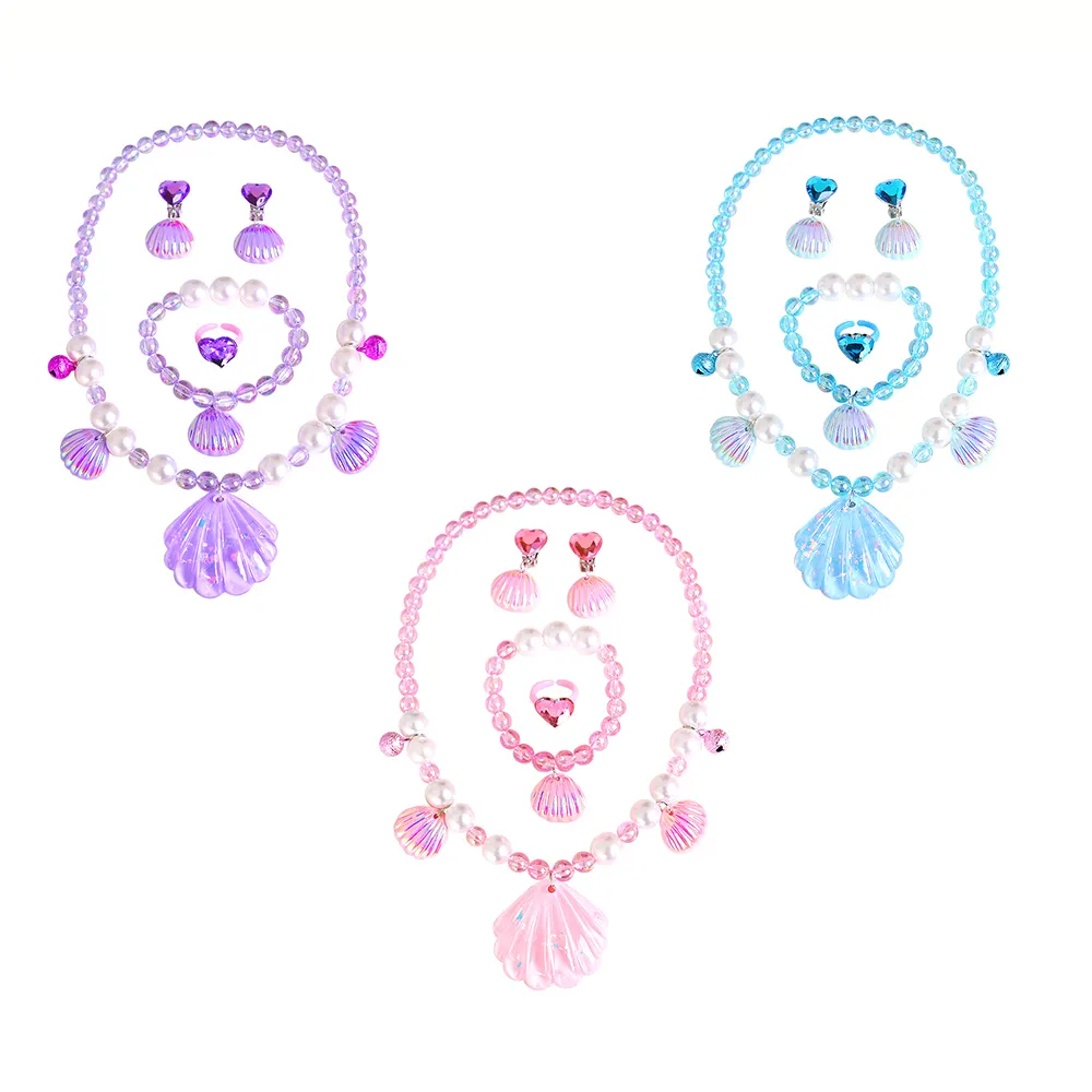 CM171 Kid Princess Dress Up Acessório Set Seashell Colar Shell Brincos Pérola Beads Pulseira para Mulheres Meninas Presente de Aniversário