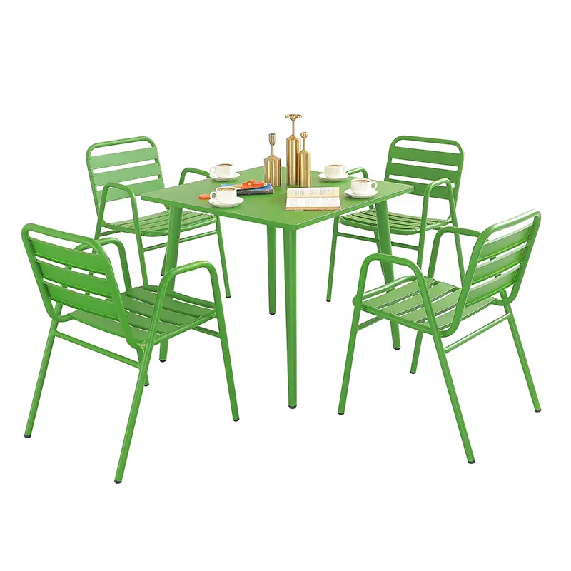 Venta al por mayor de fábrica, mesas y sillas minimalistas para exteriores, Patio, jardín, cafetería al aire libre, mesas y sillas de aleación de aluminio