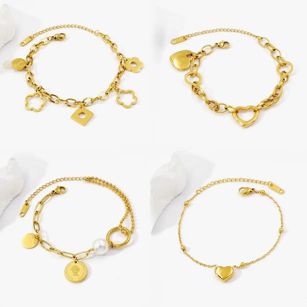 2024 Trendy Waterproof Gold Plated Stainless Steel Chrome Heart Bracelet Non-Tarnish Flower Charm Chain Women Fashion Jewelry