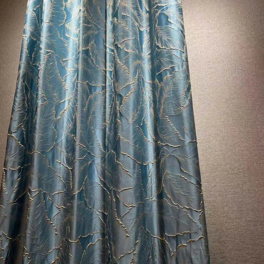 2022 popular estilo profundo azul folhas retrô simples fio jacquard dyed tecido de alta precisão para roupas e cortinas